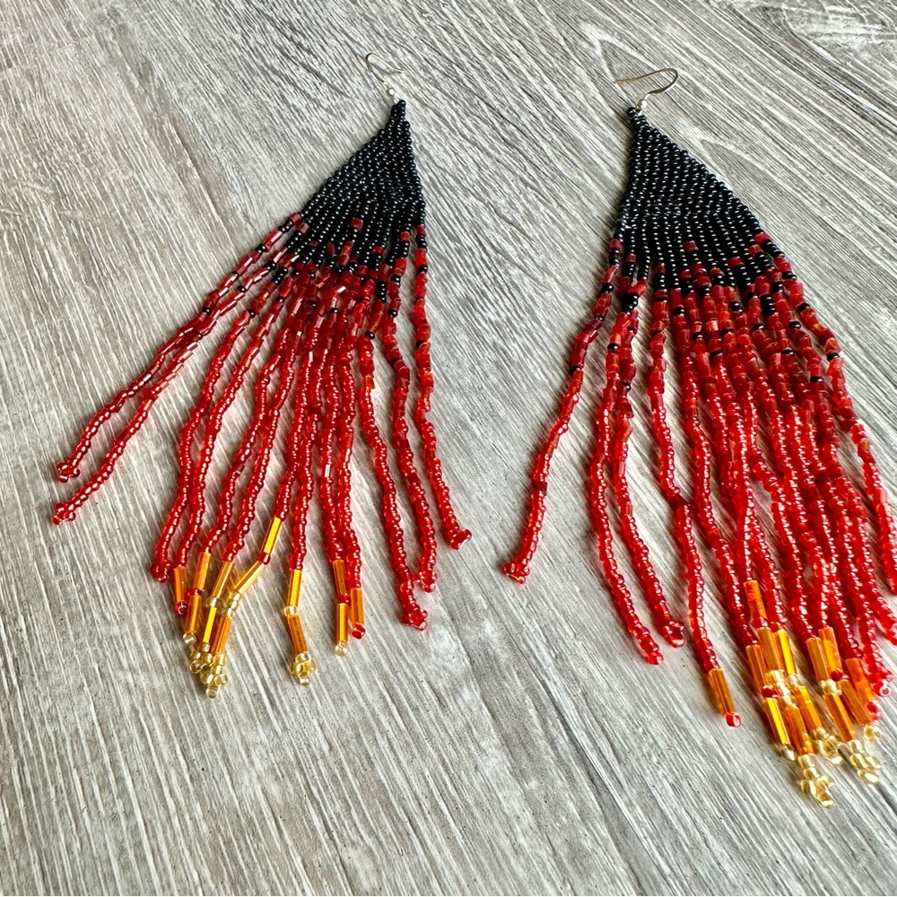 Beaded, Boho, ‘Fire Phoenix’ Ombré, Very Long, Fringe Earrings, 7”